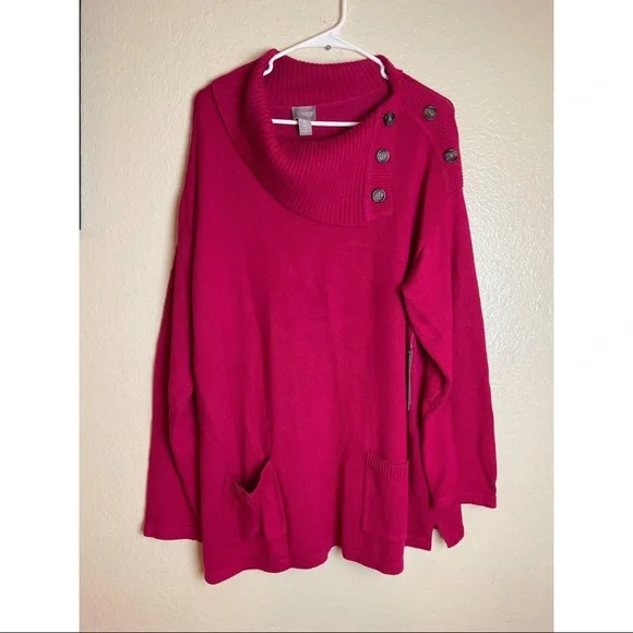 Chico's Fuchsia Cowl Neck TunicSweater Button Detail Cozy Knit Pullover size 3 - Picture 2 of 15